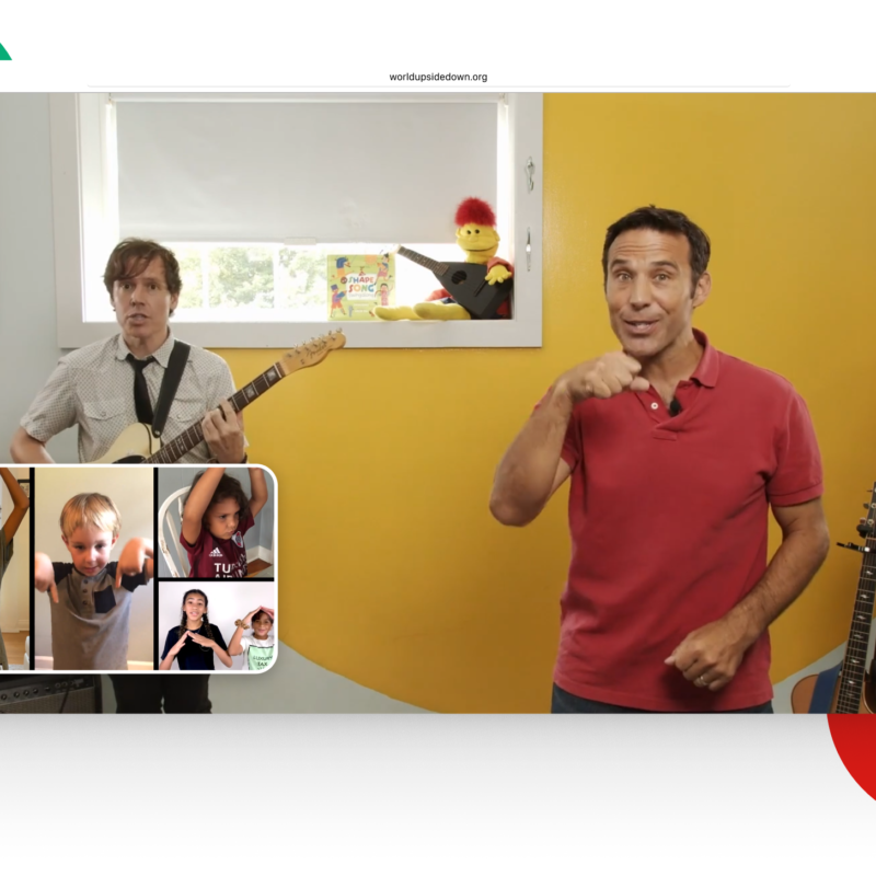 SteveSongs is singing the brush brush brush elementary music song while Chris is playing the electric guitar