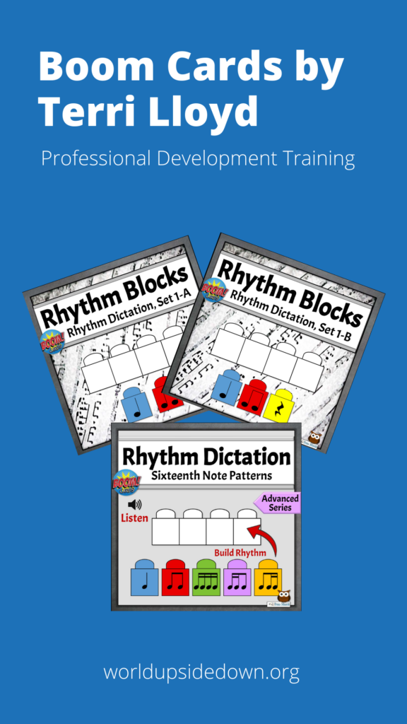 Image shows samples of Boom Cards and promotes professional development course on how to integrate Boom Cards in to a lesson plan in music elementary by Terri Lloyd