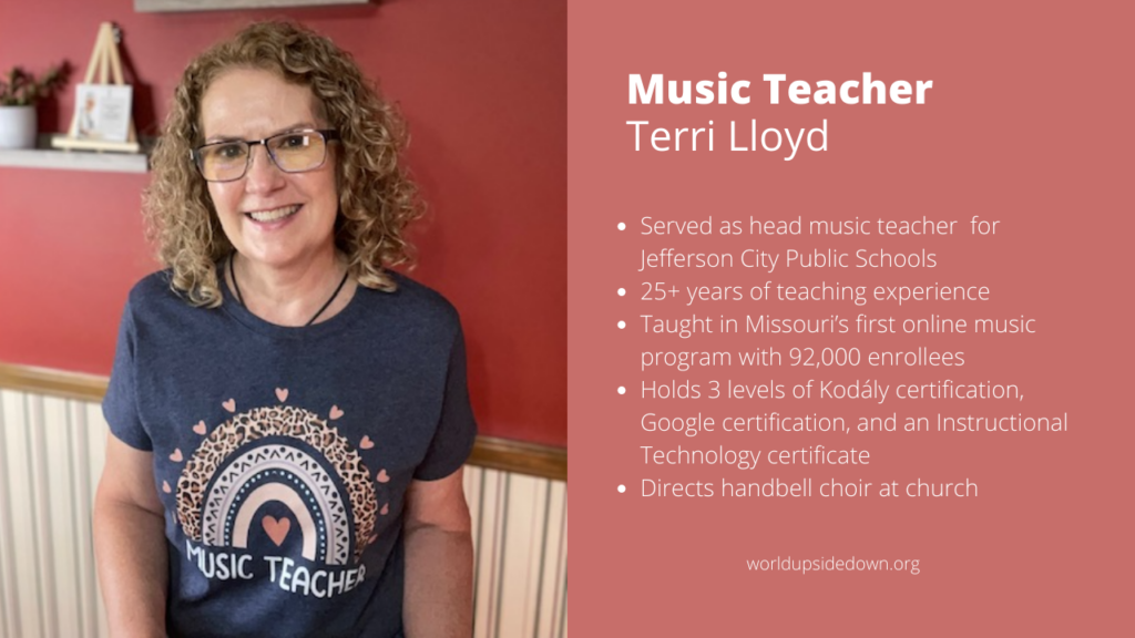 Picture of music teacher Terri Lloyd and a list of her career accomplishments and credentials to show how she is an authority in creating music activities for elementary students