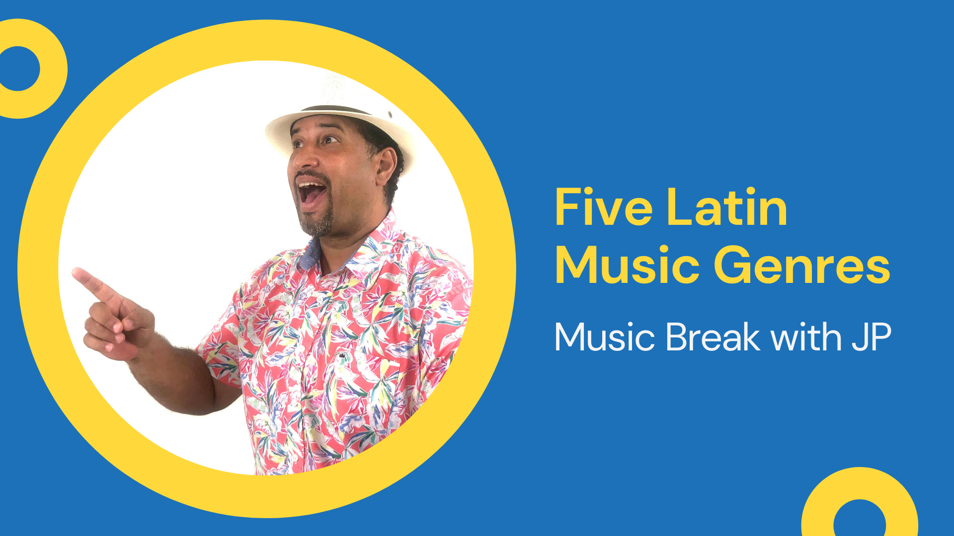 thumbnail image for music activities for Hispanic Heritage Month text title reads five latin music genres music break with JP